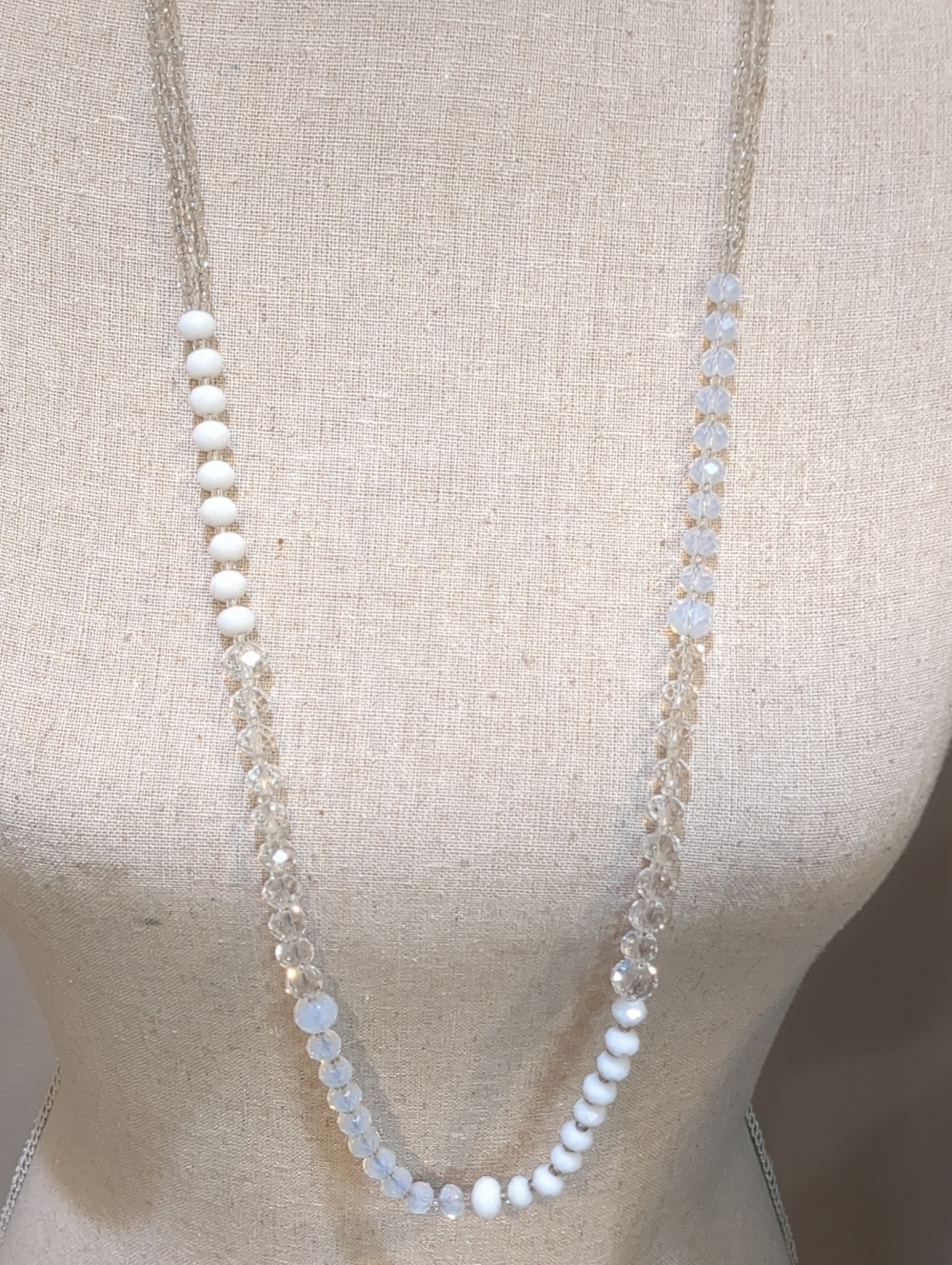 Long White Bead and Crystal Station Necklace